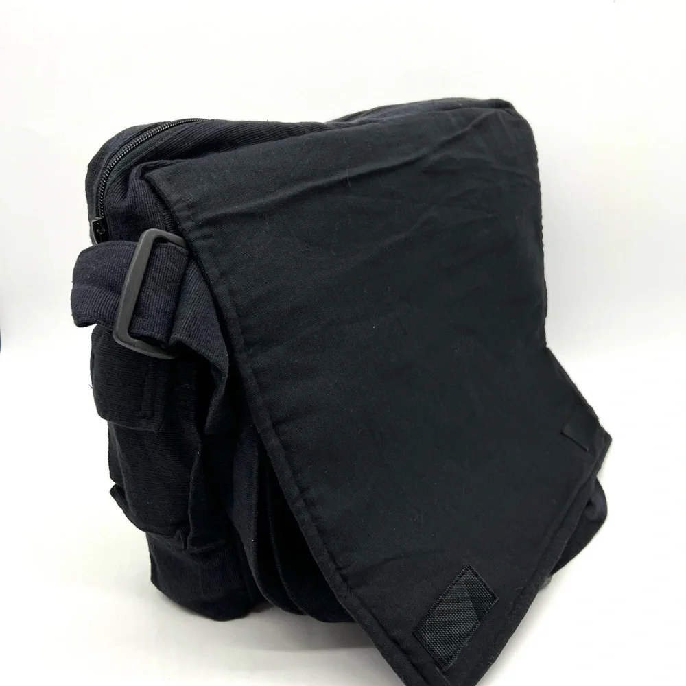Black Cotton Laptop Messenger Bag with Swirl Embroidery